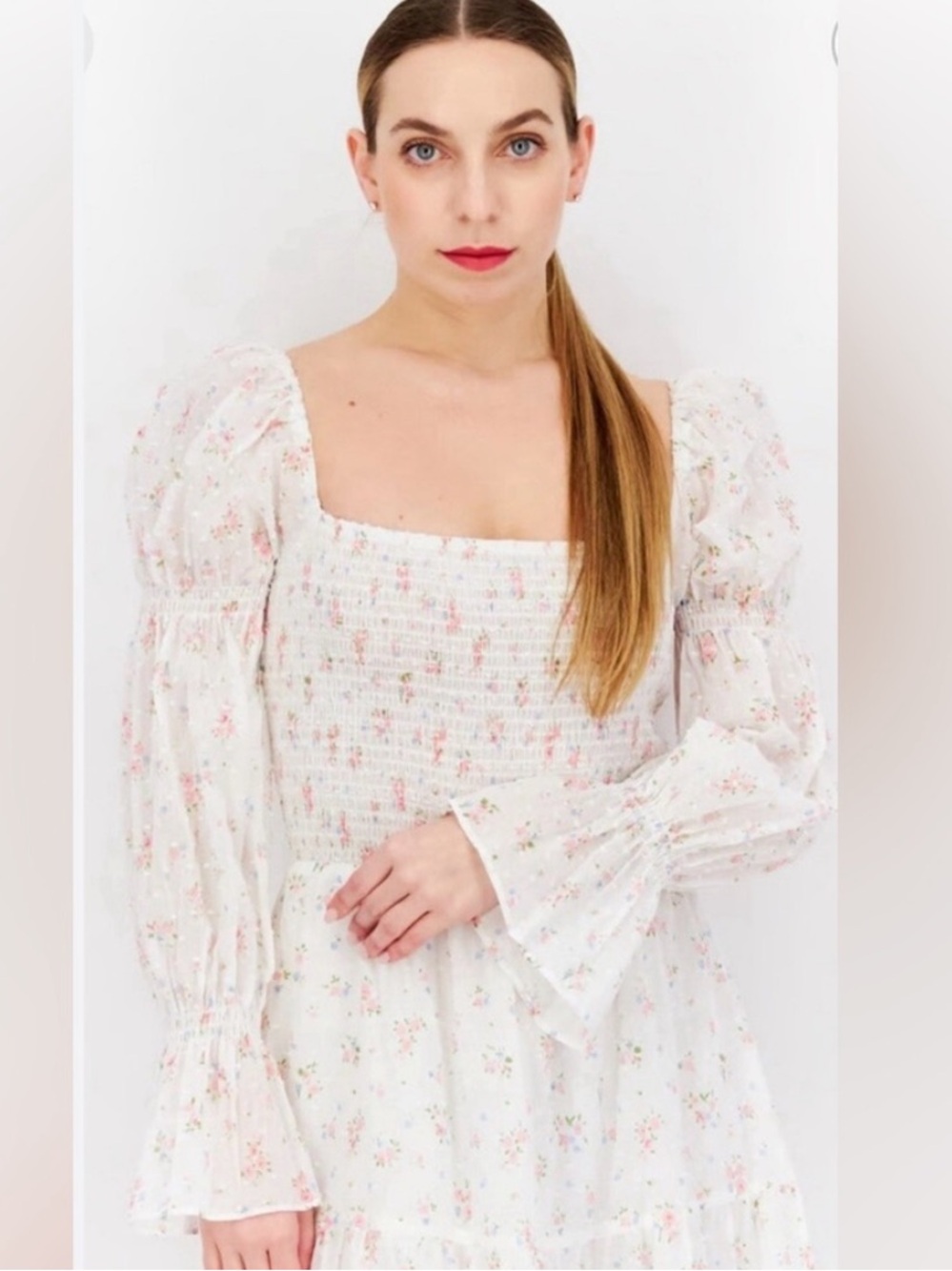 Lucy Paris White Floral Smocked Midi Dress with Puff Sleeves medium